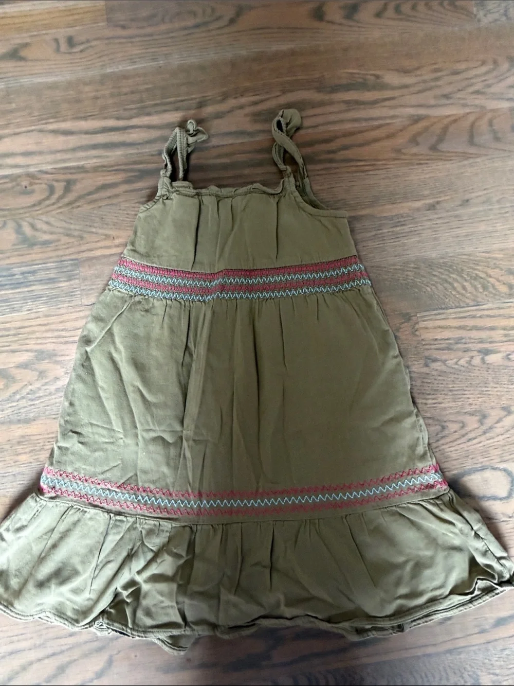 Olive Green Embroidered Sundress with Floral Accents